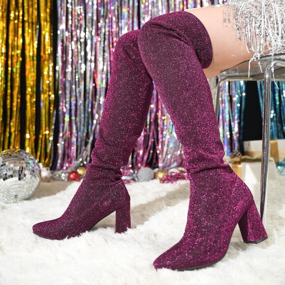 🆕Women's Red Synthetic Thigh High Pointy-toe Shiny Dressy Over The Knee Boots - Picture 3 of 7